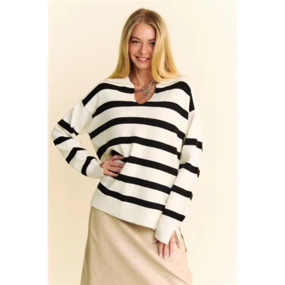 NWT Davi & Dani Striped Loose Fit Collared Long Sleeve Sweater, Hi Lo Hem, White - Picture 1 of 5